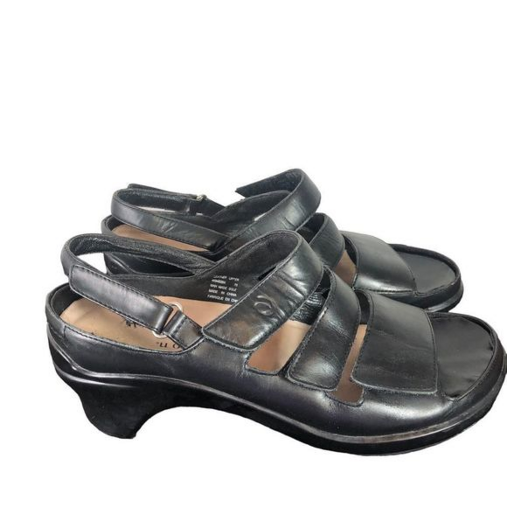 Aravon Megan Sandals Women’s 7B Comfort Adjustable Heeled Black Leather‎ Strap